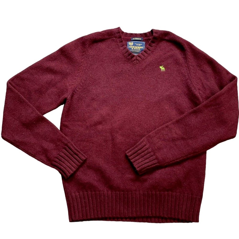 Vintage Mens L ABERCROMBIE & FITCH Burgundy Maroon WOOL CASHMERE V-Neck Sweater!